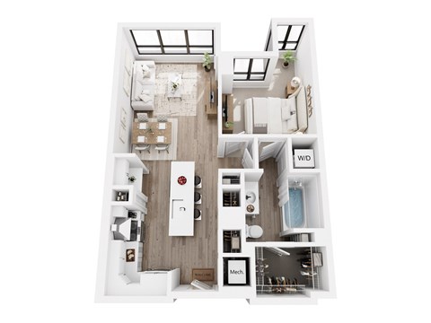 Floor plan for 1 bed, 1 bath, 737 sqft